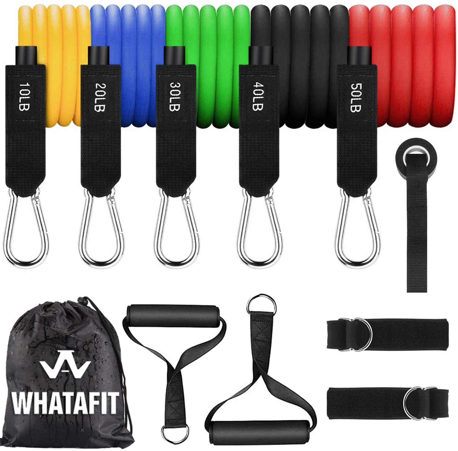 WHATAFIT Resistance Bands Set (11pcs),Exercise Bands with Door Anchor,Handles,Waterproof Carry Bag,Legs Ankle Straps for Resistance Training,Physical Therapy,Home Workouts